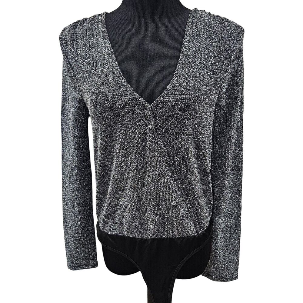 Steve Madden Faux Wrap Vneck Black Silver Metalic Bodysuit Size Medium